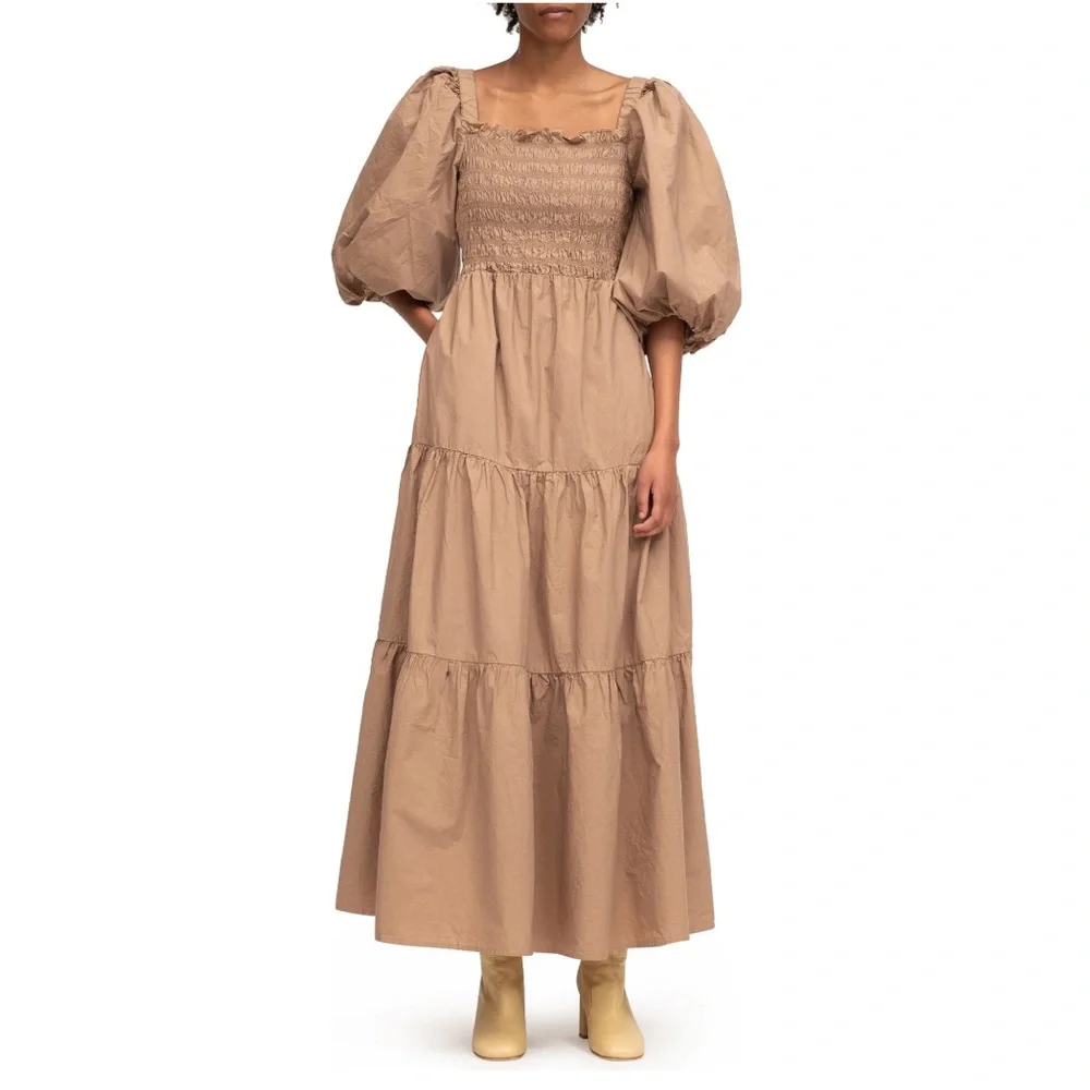 Sea Puff Sleeve Open Back Smocked Cotton Maxi Midi Dress - Picture 5 of 7